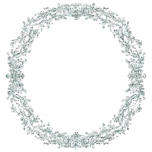 May include: An ornate, circular frame featuring a detailed floral and vine design. The frame is a muted teal colour, with intricate patterns and a vintage aesthetic. The design is symmetrical, creating a decorative border.