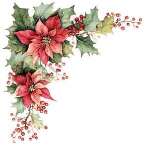 May include: Watercolor illustration of a Christmas floral arrangement. Features red poinsettias, green holly leaves, and red berries. The design is a corner arrangement, perfect for holiday-themed crafts and designs.