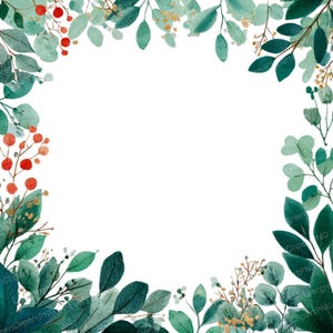Watercolor Eucalyptus Frame Clipart: Green Leaf & Red Berry PNG Borders (Digital Download)