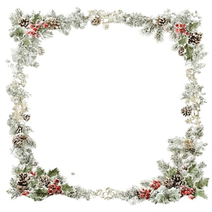Op de afbeelding: Een feestelijke kerstslinger border op een witte achtergrond. De slinger heeft bevroren dennennaalden, dennenappels, rode bessen en zilveren ornamenten. Het ontwerp is in een vierkante vorm gerangschikt.