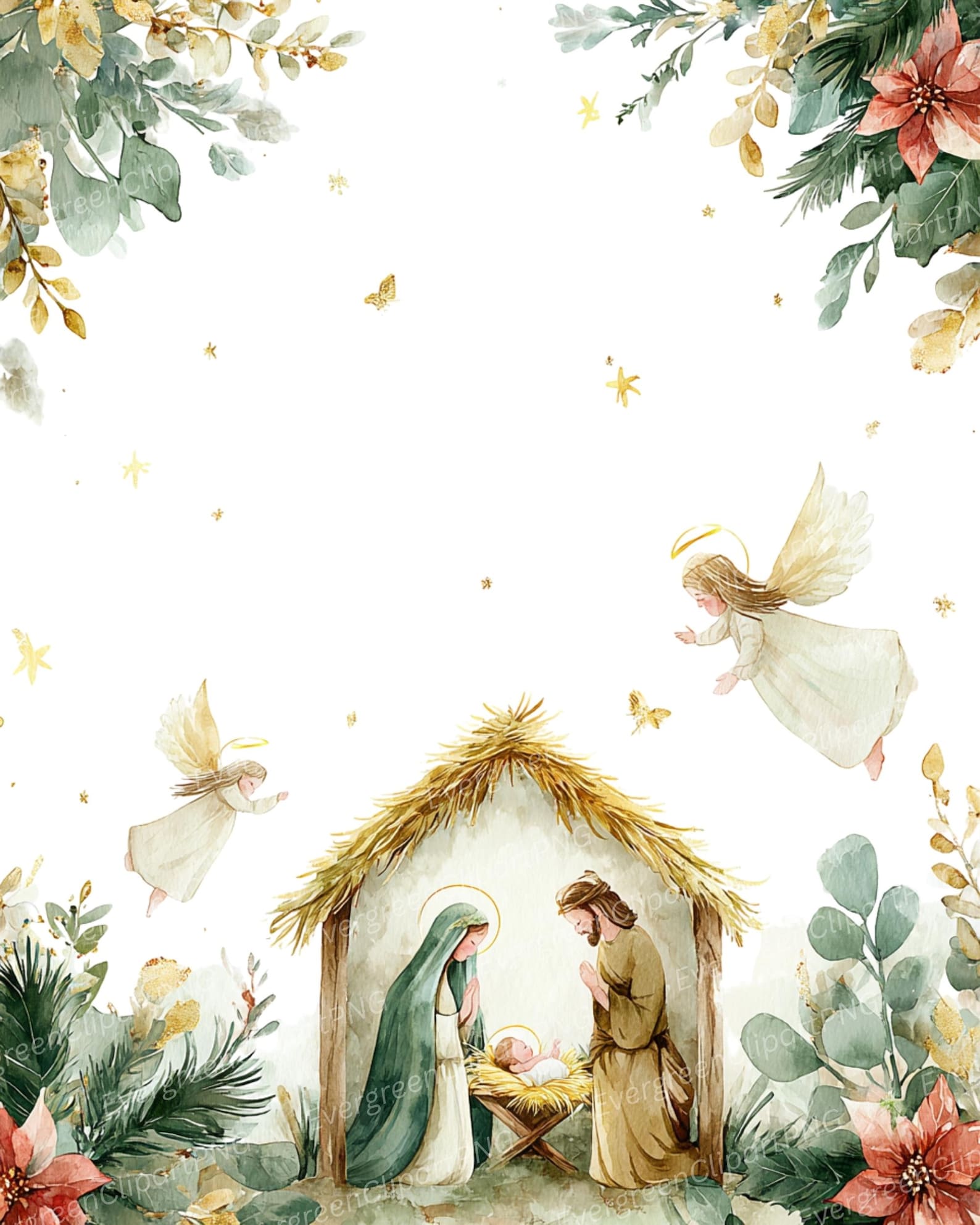 Spring Nativity Watercolor Nativity Clipart: Holy Family, Angels, Stars (PNG Digital ...