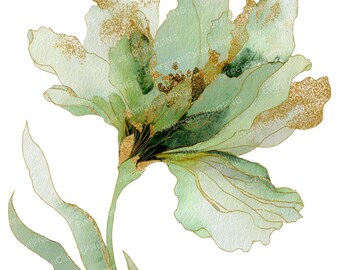 Green & Gold Watercolor Flowers Clipart: Elegant Botanical PNG (Digital Download, Spring Clipart