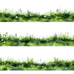 May include: Watercolor illustration of three horizontal bands of green grass with wildflowers. The grass is a vibrant green with varying shades, and small white and yellow flowers are scattered throughout. The artwork has a soft, natural feel.
