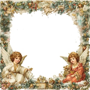 Puede incluir: Ilustración navideña vintage con dos ángeles, enmarcada por una guirnalda de ramas de pino, adornos y cintas. Los ángeles visten túnicas blancas y rojas, rodeados de decoraciones festivas.