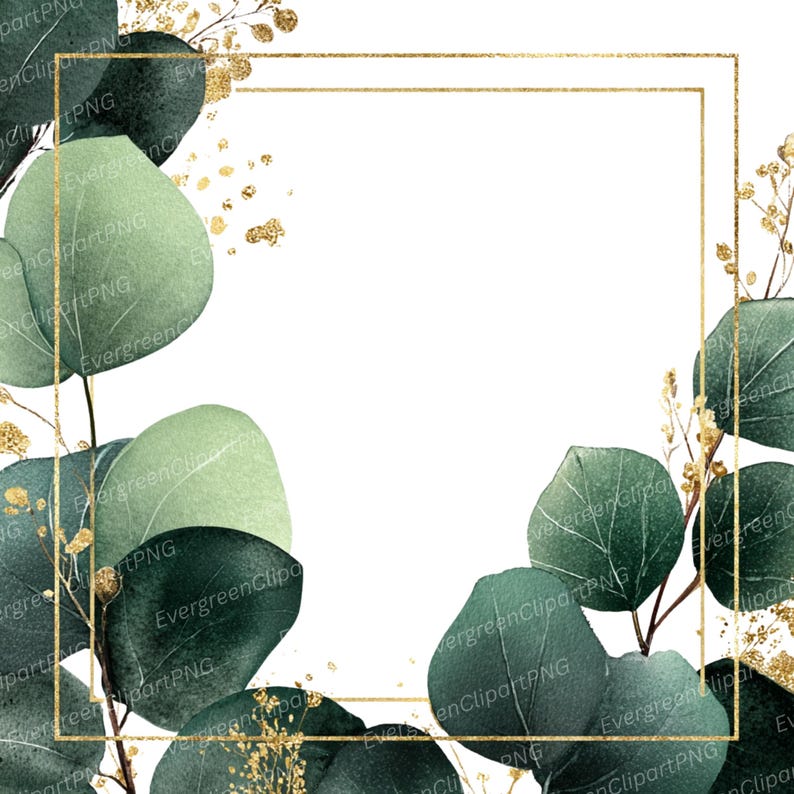 Eucalyptus Gold Frame Clipart: Watercolor Greenery, Botanical Wedding ...