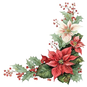 May include: Watercolor illustration of a Christmas corner design featuring red poinsettias, holly leaves, and red berries. The flowers have a soft, textured appearance, with detailed shading and highlights. The design is set against a white background.