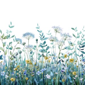 May include: Watercolor illustration of a meadow with blue, yellow, and white wildflowers. The image features tall green grass and blue-green leaves, with a white background. The flowers are in full bloom, creating a vibrant and natural scene.