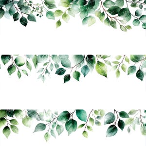 Può includere: Illustrazione ad acquerello di foglie e rami verdi, disposti in bande orizzontali. Le foglie variano nelle tonalità di verde, dal chiaro allo scuro, con uno stile morbido e artistico. L'immagine ha uno sfondo bianco e pulito, creando un'estetica fresca e naturale.