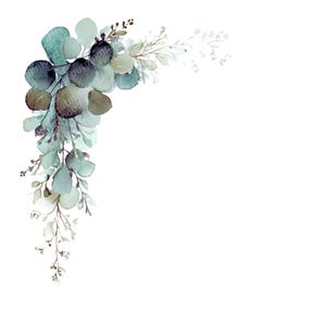 May include: Watercolor illustration of a corner arrangement of eucalyptus leaves and branches in shades of green, blue, and brown. The leaves are round and clustered, with delicate white flowers and stems. The design is on a white background.
