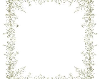 May include: A square, decorative border with a white background. The border is composed of a repeating pattern of olive green, stylized floral and leaf elements. The design is symmetrical, with the pattern forming a frame around a central white space.