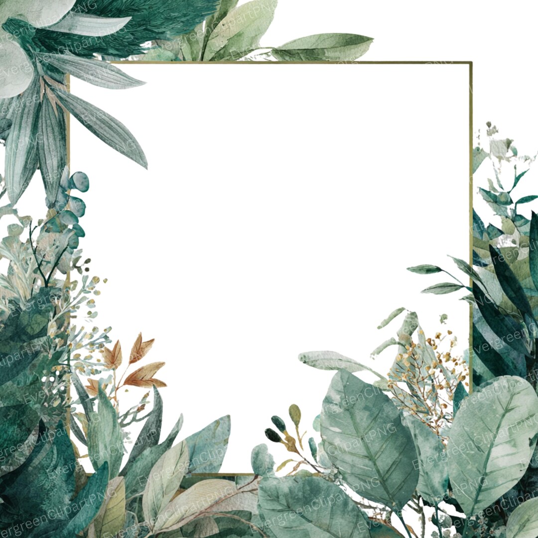 Watercolor Eucalyptus Frame Clipart: Green Leaves & Gold Border (PNG ...