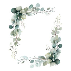 May include: Watercolor illustration of a square frame composed of eucalyptus leaves and sprigs. The leaves are in shades of green and blue-green, with a soft, watercolor effect. The frame is set against a white background.