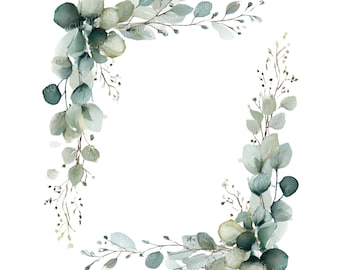 11 Watercolor Eucalyptus Frame Set: Green Leaf Botanical Borders (Digital PNG), Summer Clipart