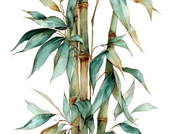 Watercolor Bamboo Clipart: Botanical Greenery PNG (Digital Download, Commercial Use, 5000x5000 px), Summer Clipart