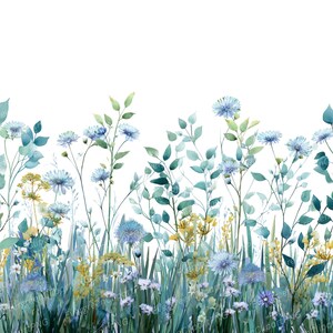 May include: Watercolor illustration of a field of wildflowers. The image features blue, yellow, and white flowers with green foliage against a white background. The flowers are in various stages of bloom, creating a natural and vibrant scene.