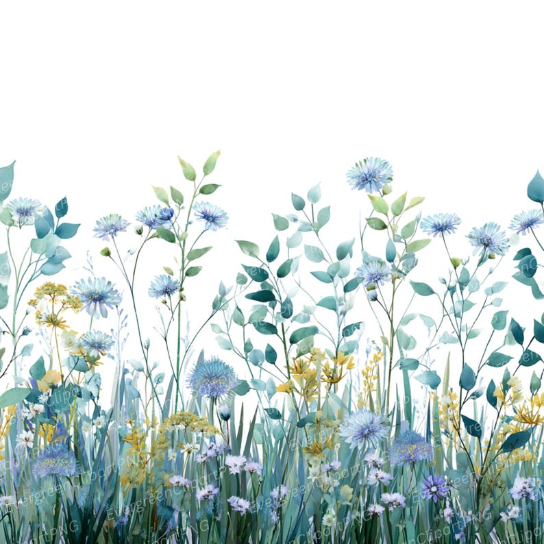 May include: Watercolor illustration of a field of wildflowers. The image features blue, yellow, and white flowers with green foliage against a white background. The flowers are in various stages of bloom, creating a natural and vibrant scene.