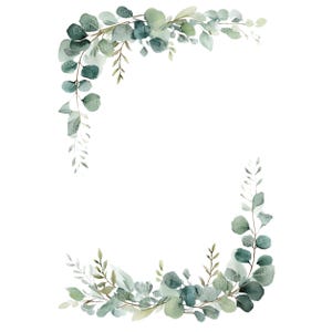 May include: Watercolor illustration of eucalyptus leaves and branches in shades of green and gray, arranged in a decorative border. The design features rounded leaves and delicate sprigs, perfect for invitations or stationery.