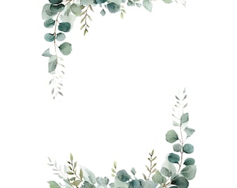 May include: Watercolor illustration of eucalyptus leaves and branches in shades of green and gray, arranged in a decorative border. The design features rounded leaves and delicate sprigs, perfect for invitations or stationery.
