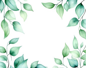 Watercolor Leaves Frame Clipart: Green Botanical Borders (Digital Download)