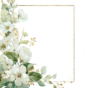 9 PNG Transparent Frame Clipart, White Flowers Green Leaves Frame, Elegant Watercolor Floral Border, Wedding Invitation, Gold Design Frame