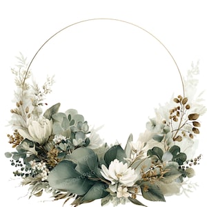 Gold Eucalyptus Wreath Clipart: Watercolor Floral Frames (Digital Download, 5000x5000 px PNGs)