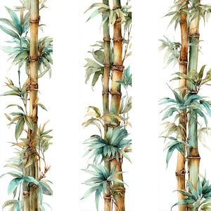 Op de afbeelding: Waterverfillustratie van bamboestengels met groene en blauwe bladeren. De bamboe is lichtbruin met donkerbruine ringen. De bladeren zijn een mix van groen en blauw, wat een tropisch thema creëert.