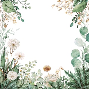 12 PNG Green Botanical Frame Clipart, Wildflowers and Leaves Border, Watercolor Floral Frame, Nature Foliage Clipart, Transparent Background