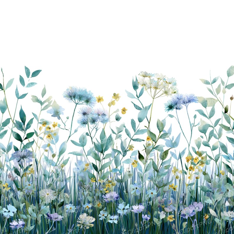 May include: Watercolor illustration of a field of wildflowers in shades of blue, green, and yellow. The image features various types of flowers and foliage, creating a natural and serene scene. The artwork is set against a white background.