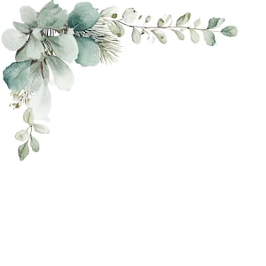 May include: Watercolor illustration of a botanical corner design featuring eucalyptus leaves and sprigs in shades of green and white. The arrangement is set against a clean white background, perfect for invitations, cards, or other design projects.