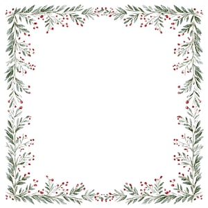 Può includere: Un design di bordo quadrato in stile acquerello, con foglie verdi e bacche rosse. Le foglie sono disposte simmetricamente lungo i bordi, creando una cornice festosa e naturale. Le bacche aggiungono tocchi di rosso sullo sfondo verde e bianco.