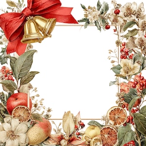 May include: A watercolour illustration of a gold-framed square, decorated with a red bow and golden bells. The frame is surrounded by white flowers, red berries, apples, and dried citrus fruits, evoking a festive, holiday theme.