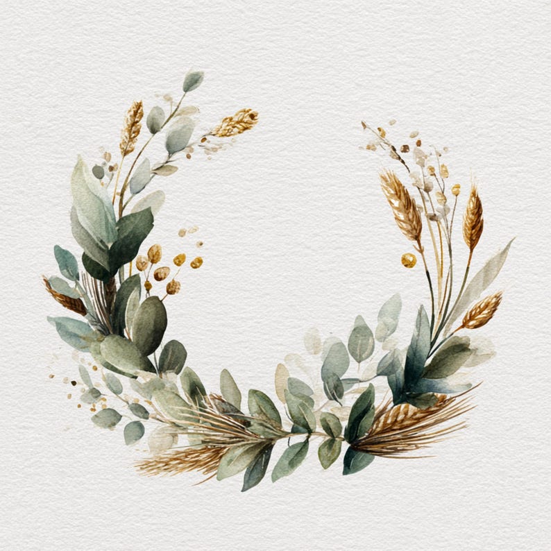 Watercolor Eucalyptus Wreath Clipart, Golden Wheat Frame (digital ...