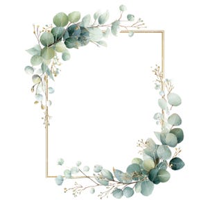 Può includere: Illustrazione ad acquerello di una cornice rettangolare dorata ornata di foglie e rametti di eucalipto. Le foglie sono in varie tonalità di verde e verde-blu, con delicati accenti dorati. La cornice è su sfondo bianco.