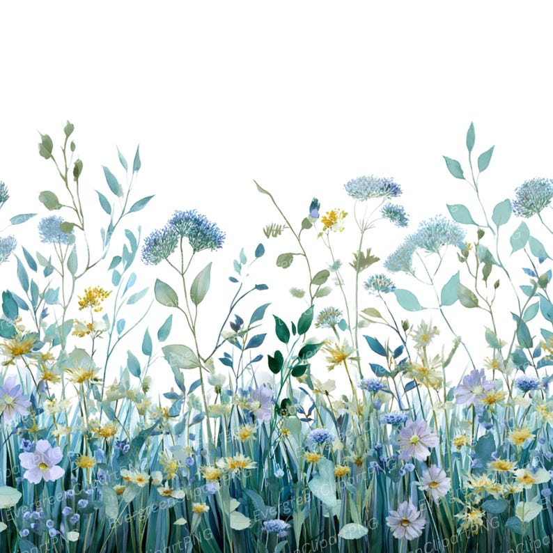 May include: Watercolor illustration of a field of wildflowers in shades of blue, yellow, and green. The flowers and foliage are painted with soft brushstrokes, creating a delicate and natural look. The image is set against a white background.