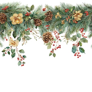 May include: A watercolour illustration of a festive garland, featuring evergreen branches, pine cones, red berries, and cream-coloured flowers. The design is set against a white background, creating a seasonal and decorative border.