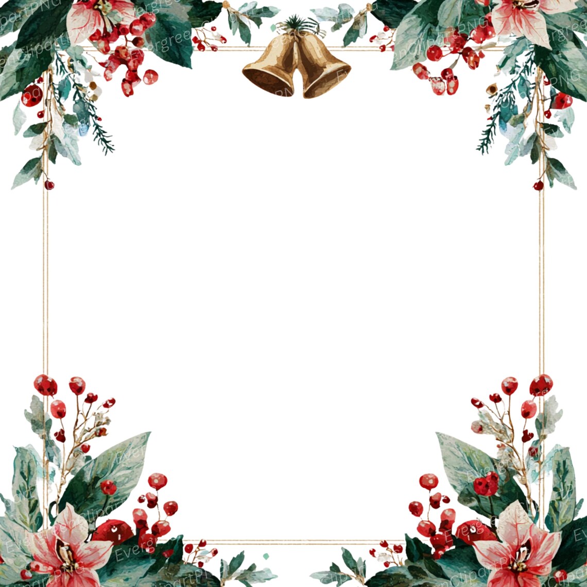 Watercolor Christmas Bell Frame Clipart, Pine Garland (4 PNG Digital ...