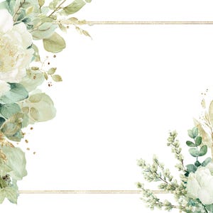 12 PNG Gold Frame Clipart, White Flowers & Green Leaves with Golden Accents, Elegant Watercolor Botanical Border, Wedding Invitation Design