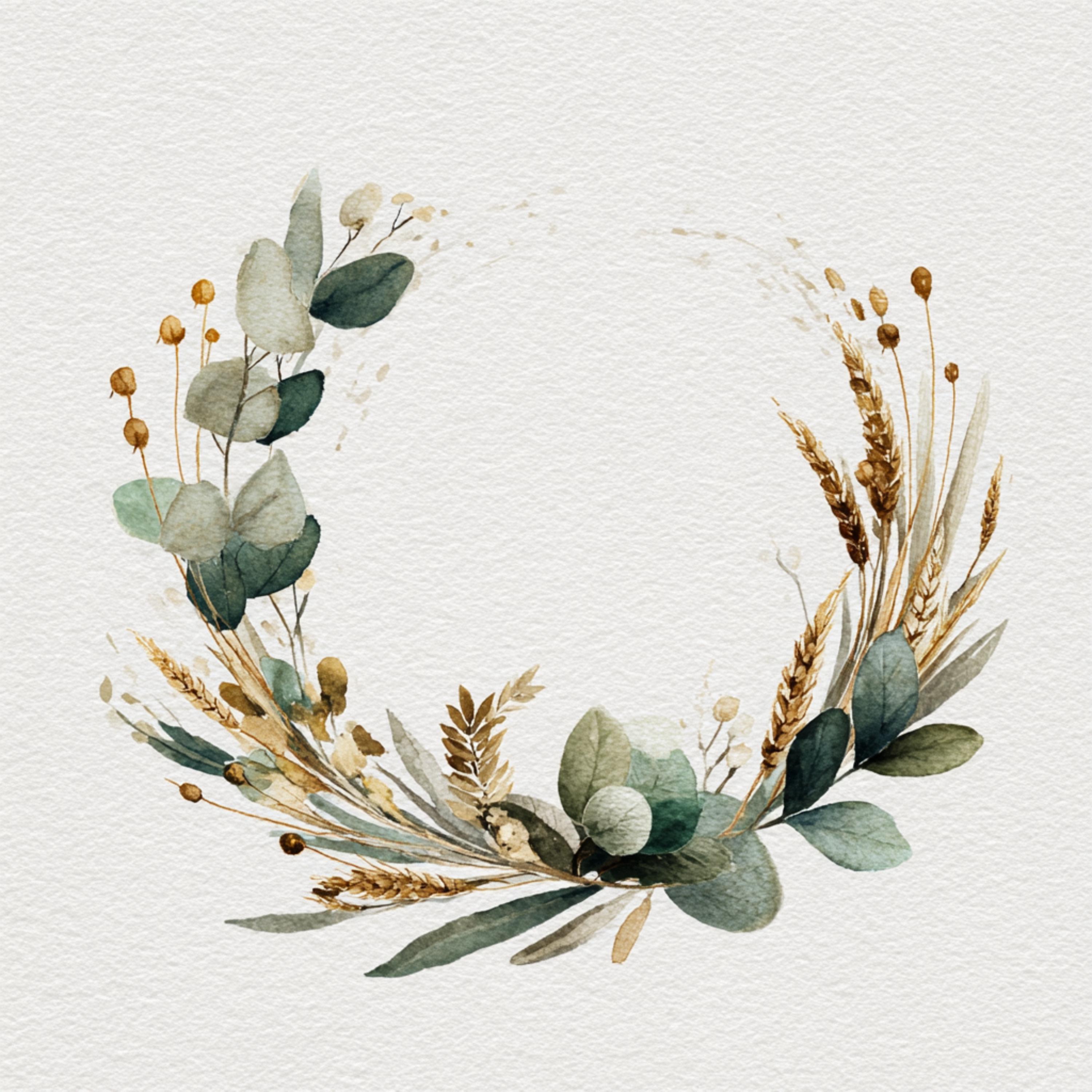Watercolor Eucalyptus Wreath Clipart, Golden Wheat Frame (digital ...