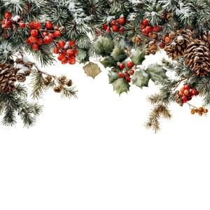 Könnte beinhalten: Aquarell-Illustration eines weihnachtlichen Randes mit Tannenzweigen, roten Beeren, Tannenzapfen und Stechpalmenblättern, die mit Schnee bestäubt sind. Das Design ist vor einem weißen Hintergrund platziert und erzeugt eine festliche und saisonale Ästhetik.