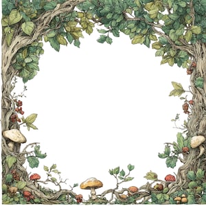 Può includere: Un design di bordo illustrato con una scena della foresta. L'opera d'arte include alberi dettagliati, foglie verdi, bacche rosse e vari funghi. La cornice ha una forma naturale e organica, ideale per progetti a tema natura.