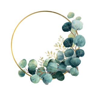 Op de afbeelding: Waterverfillustratie van een gouden cirkelvormige lijst versierd met eucalyptusbladeren. De bladeren zijn in verschillende blauwgroene tinten, met gouden accenten. Het ontwerp staat tegen een witte achtergrond.