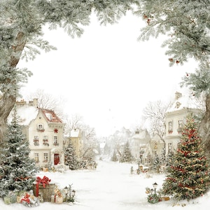 May include: A winter scene illustration of a snow-covered village street. White houses with red roofs and Christmas trees are decorated with lights and ornaments. Presents and a wooden barrel are in the foreground, framed by snow-covered branches.