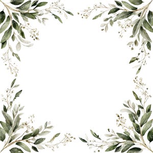12 PNG Green Branches Frame, Watercolor Botanical Border, Greenery Clipart, Green Leaves, Digital Download, Paper Craft, Wedding Invite