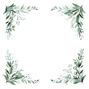 12 PNG Green Branch Frame Clipart, Watercolor Leaf Borders, Botanical Greenery Frame, Nature Clip Art, Wedding Design, Transparent BG