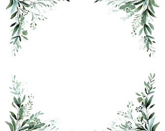Watercolor Greenery Frame Clipart: Botanical Leaf PNG Borders (Digital Download)