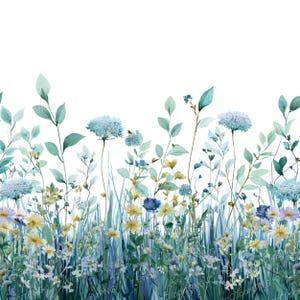 May include: Watercolor illustration of a field of wildflowers in shades of blue, green, and yellow. The image features various types of flowers and foliage, including tall grasses and delicate blooms, against a white background. The artwork has a soft, natural aesthetic.