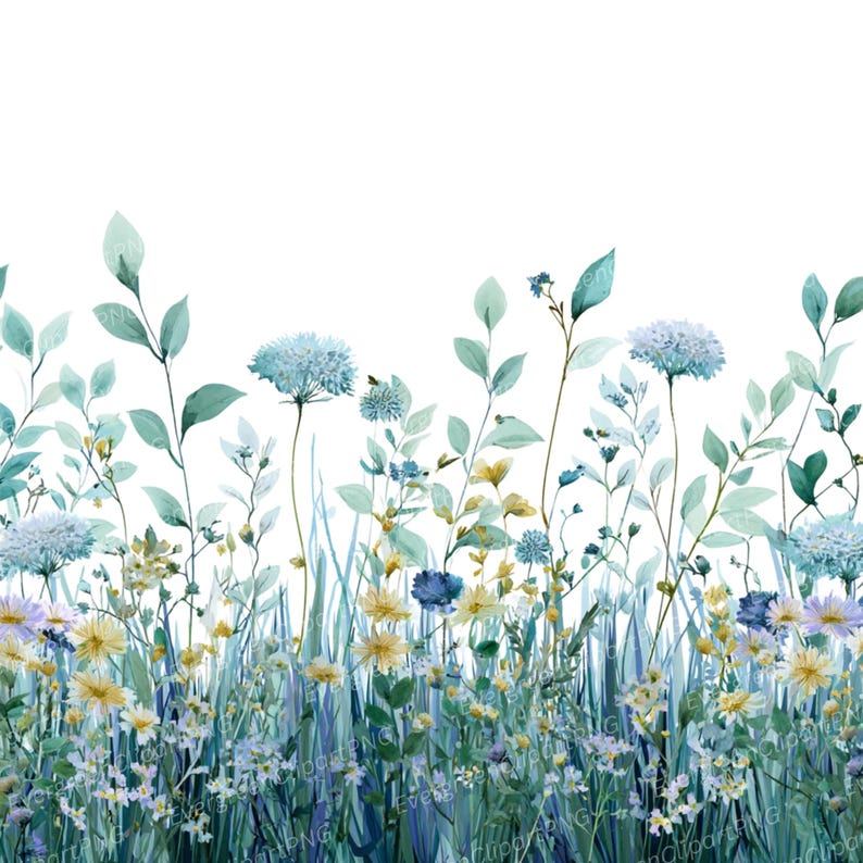 May include: Watercolor illustration of a field of wildflowers in shades of blue, green, and yellow. The image features various types of flowers and foliage, including tall grasses and delicate blooms, against a white background. The artwork has a soft, natural aesthetic.