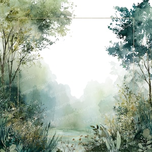 May include: Watercolor painting of a forest scene with a gold rectangular frame. The artwork features lush greenery, trees, and a misty background. The color palette includes shades of green, blue, and white, creating a serene and natural aesthetic.