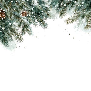Könnte beinhalten: Aquarell-Illustration von Tannenzweigen mit Tannenzapfen und fallendem Schnee. Die Zweige sind eine Mischung aus grünen und blauen Farbtönen mit zarten weißen Akzenten. Ein festliches Design zum Thema Winter.