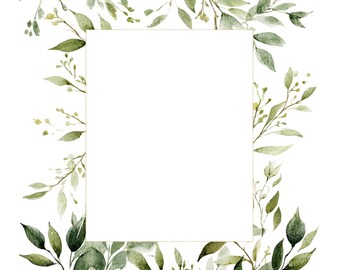 Watercolor Green Leaf Frames: Botanical Wedding Invitation Clipart (PNG Download), Summer Clipart